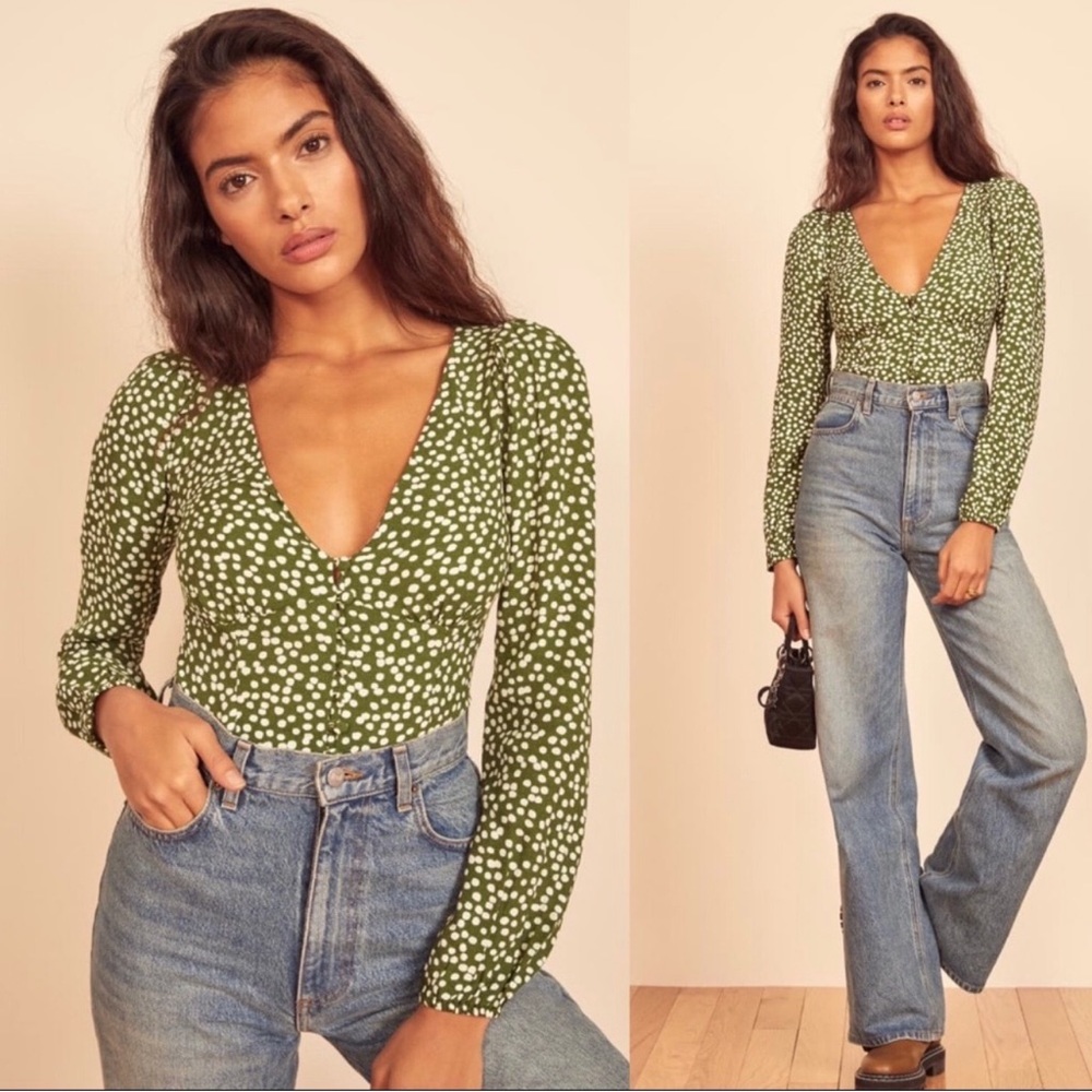 Reformation Nell Top Moiret Button Front Polka Dot Blouse XS